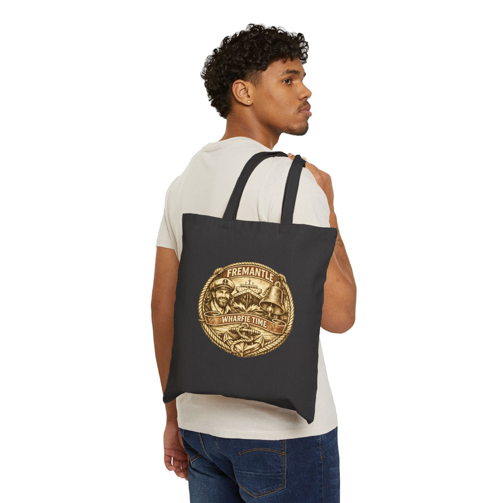 Fremantle Wharfie Time Canvas Tote Bag — Vintage Harbour Illustration