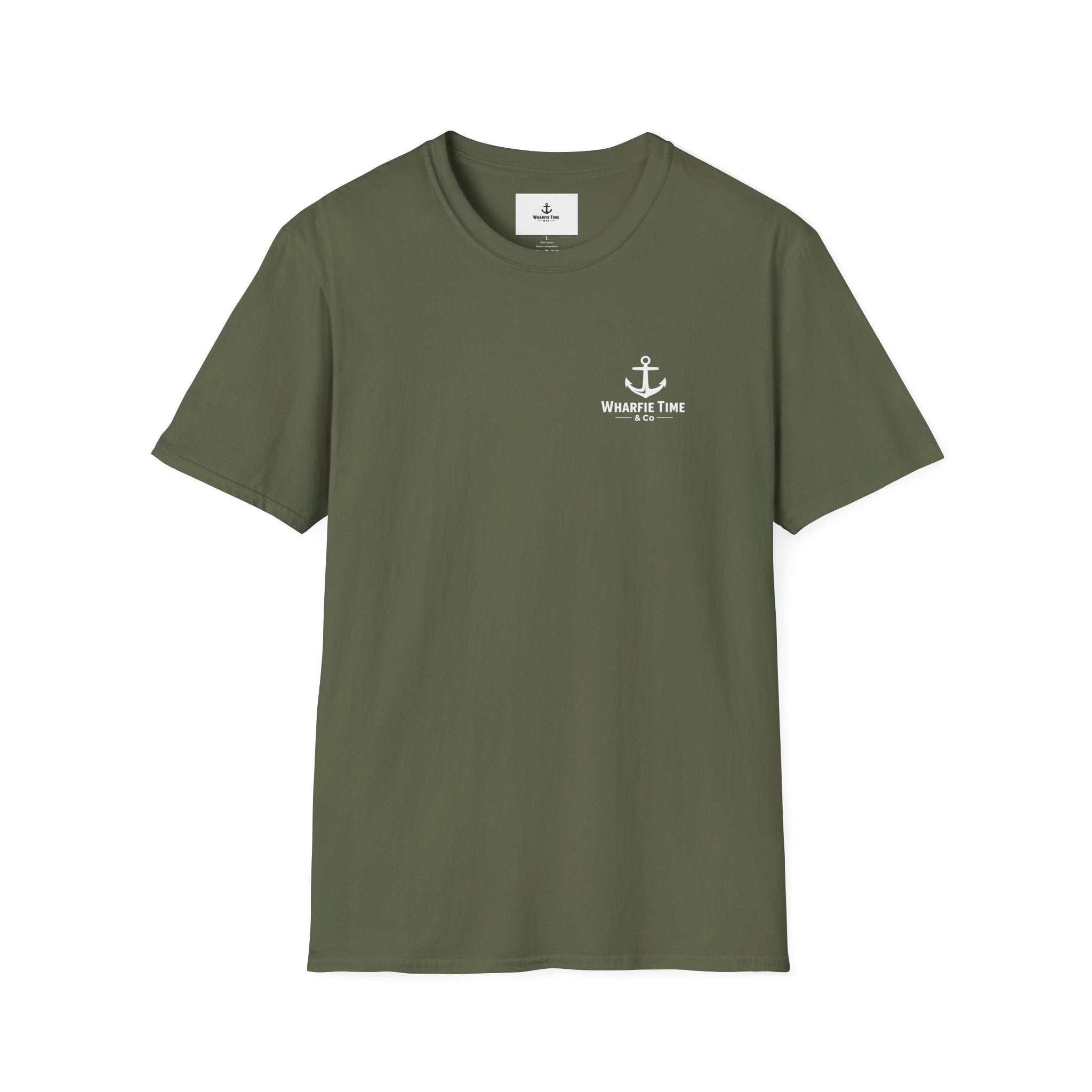 Anchor Chest Logo T-Shirt — Small Nautical Anchor "Anchors Tow" Tee -Dark Colours White Logo