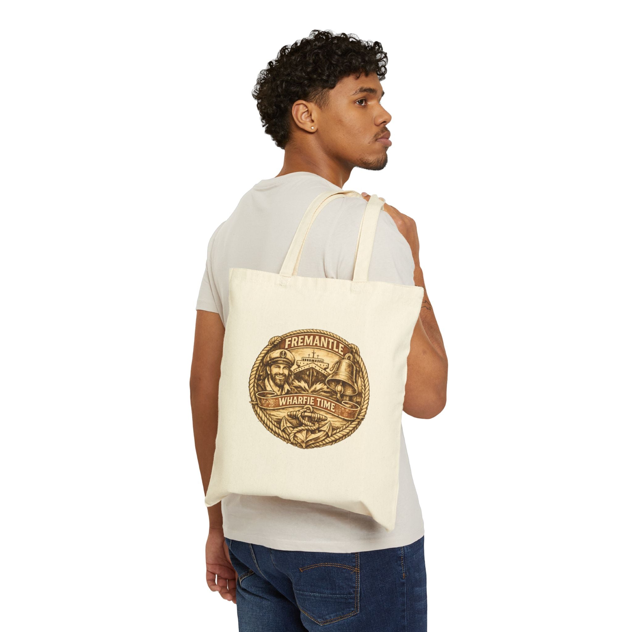 Fremantle Wharfie Time Canvas Tote Bag — Vintage Harbour Illustration